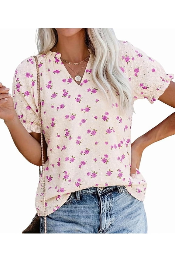 Summer Short Sleeve V Neck Shirts for Women Trendy Floral Print Loose Ruffle Tops Business Casual Blouses