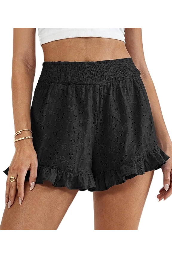 Summer Shorts for Women Boho Elastic Waist Ruffle Casual Hollow Out Embroidered Beach Bottoms with Pockets