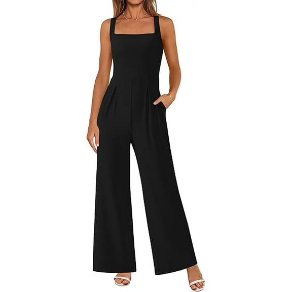 PRETTYGARDEN Summer Sleeveless Jumpsuits for Women Dressy Square Neck Wide Leg Pants Knitted One Piece Rompers with Pockets