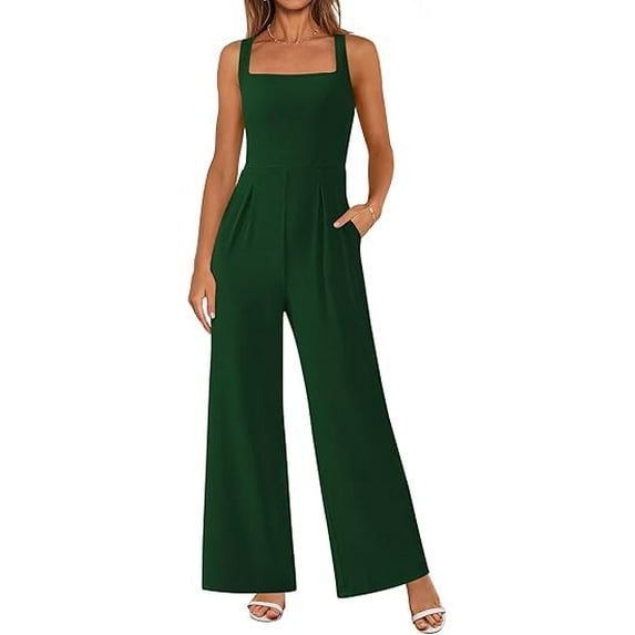 PRETTYGARDEN Summer Sleeveless Jumpsuits for Women Dressy Square Neck Wide Leg Pants Knitted One Piece Rompers with Pockets