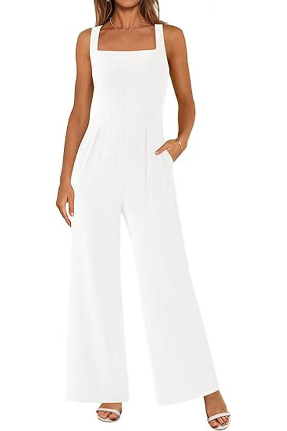 Summer Sleeveless Jumpsuits for Women Dressy Square Neck Wide Leg Pants Knitted One Piece Rompers with Pockets