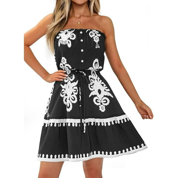 PRETTYGARDEN Summer Strapless Mini Short Dress for Women Beach Boho Print Sundress Casual Trendy Button Tiered Tube Top Dresses