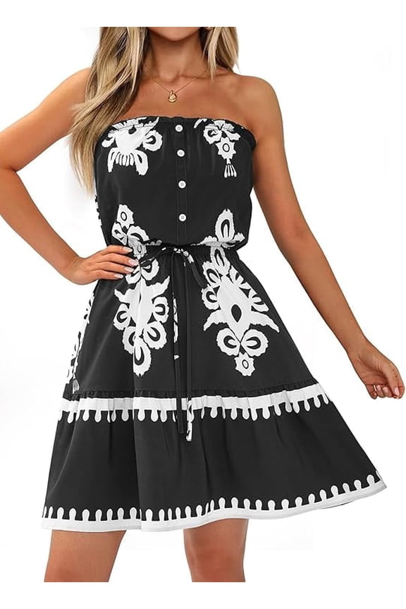 Summer Strapless Mini Short Dress for Women Beach Boho Print Sundress Casual Trendy Button Tiered Tube Top Dresses