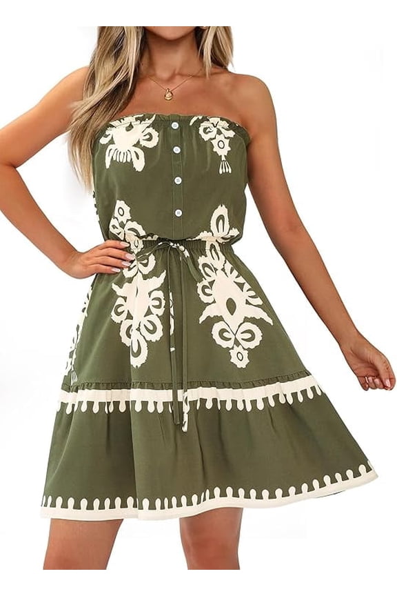 Summer Strapless Mini Short Dress for Women Beach Boho Print Sundress Casual Trendy Button Tiered Tube Top Dresses