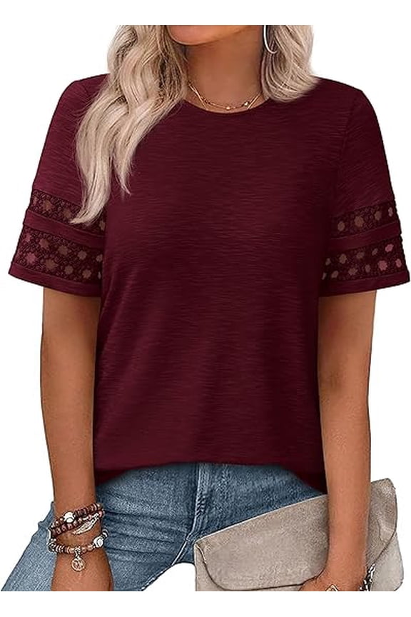 Summer Tops for Women Lace Short Sleeve T-Shirts Casual Blouses Spring Fashion Clothes Vacation Outfits