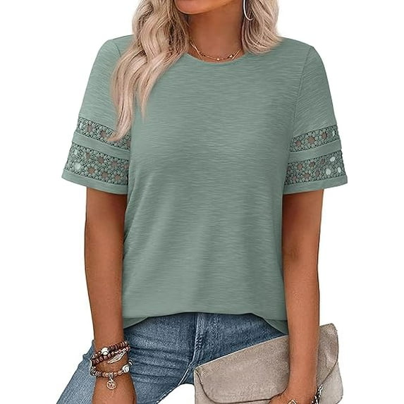 PRETTYGARDEN Summer Tops for Women Lace Short Sleeve T-Shirts Casual Blouses Spring Fashion Clothes Vacation Outfits