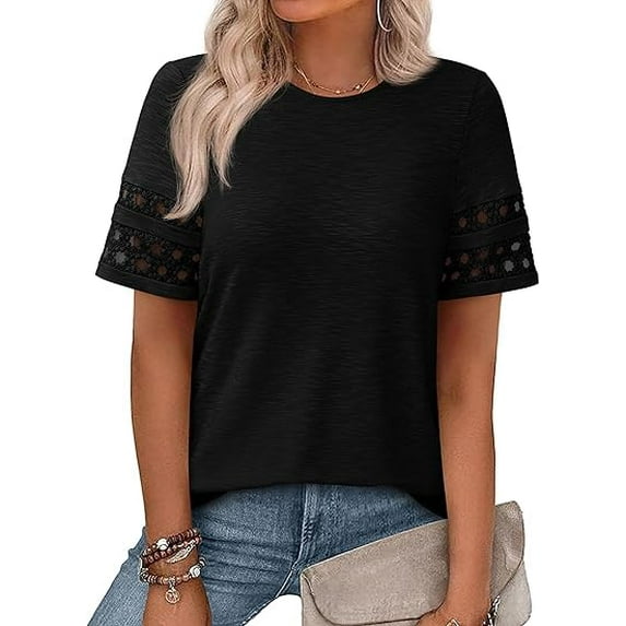 PRETTYGARDEN Summer Tops for Women Lace Short Sleeve T-Shirts Casual Blouses Spring Fashion Clothes Vacation Outfits
