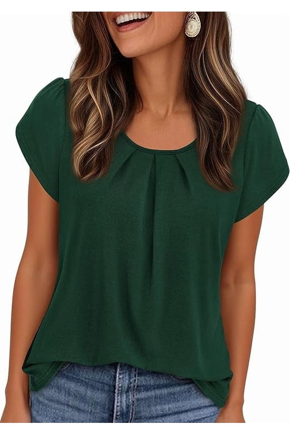 Summer Tops for Women Short Sleeve Crew Neck Pleated T Shirts Dressy Casual Blouses Fashion Clothing