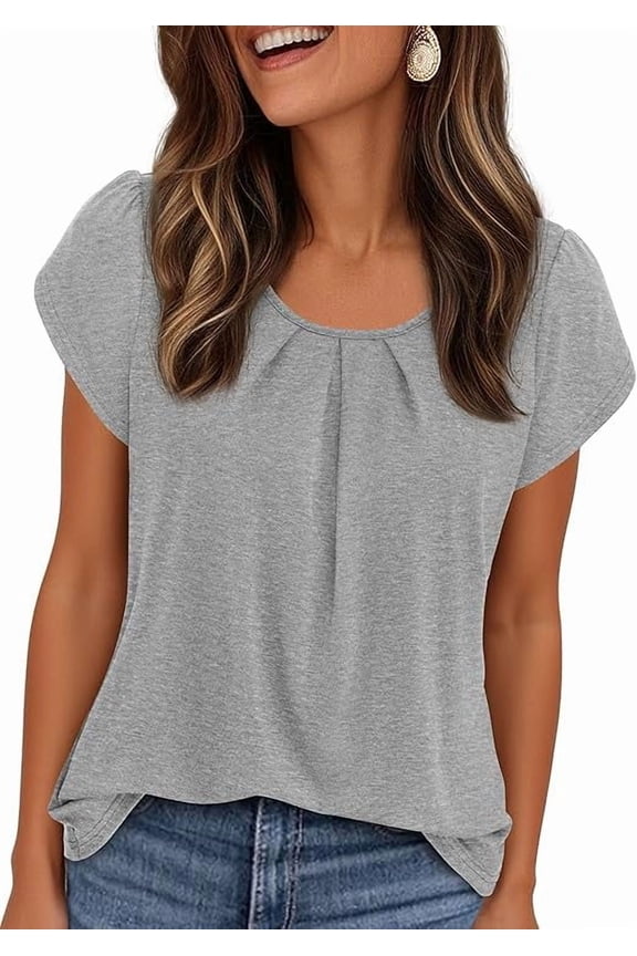Summer Tops for Women Short Sleeve Crew Neck Pleated T Shirts Dressy Casual Blouses Fashion Clothing