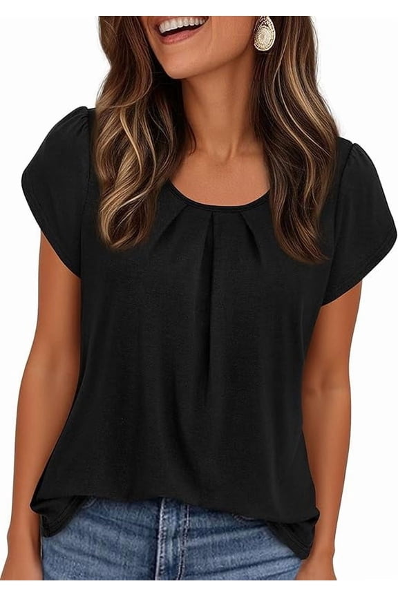 Summer Tops for Women Short Sleeve Crew Neck Pleated T Shirts Dressy Casual Blouses Fashion Clothing