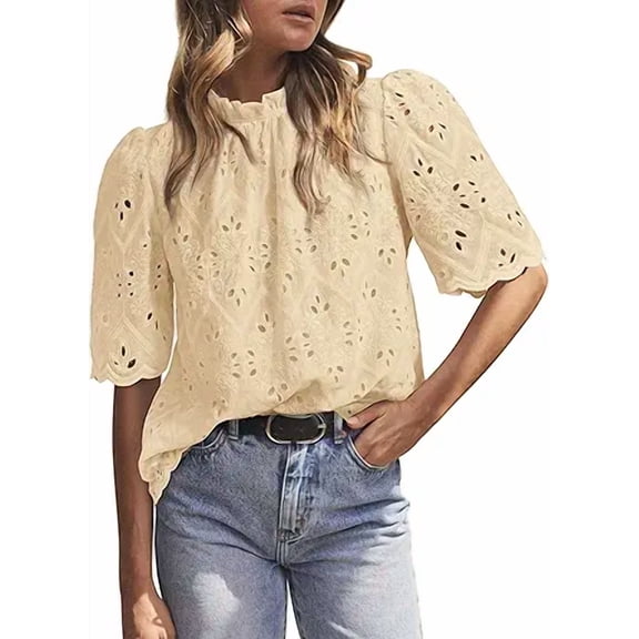 PRETTYGARDEN Summer Tops for Women Trendy Short Sleeve Eyelet Embroidered Dressy Casual Blouse Shirts