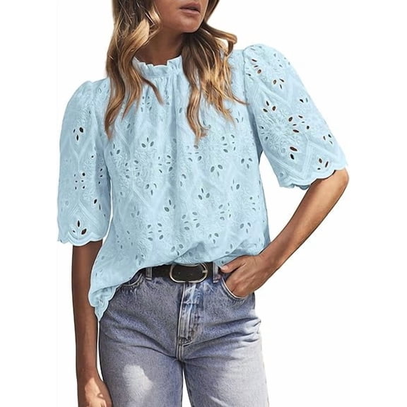 PRETTYGARDEN Summer Tops for Women Trendy Short Sleeve Eyelet Embroidered Dressy Casual Blouse Shirts