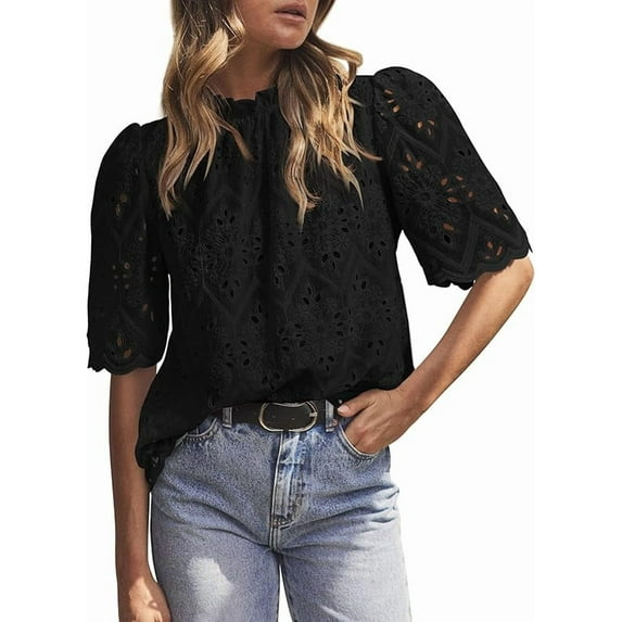 PRETTYGARDEN Summer Tops for Women Trendy Short Sleeve Eyelet Embroidered Dressy Casual Blouse Shirts