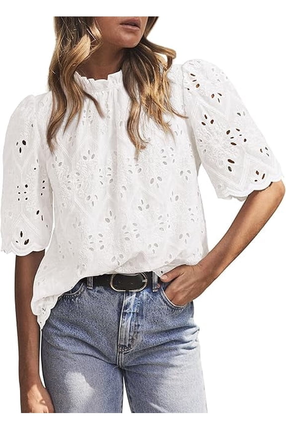 Summer Tops for Women Trendy Short Sleeve Eyelet Embroidered Dressy Casual Blouse Shirts