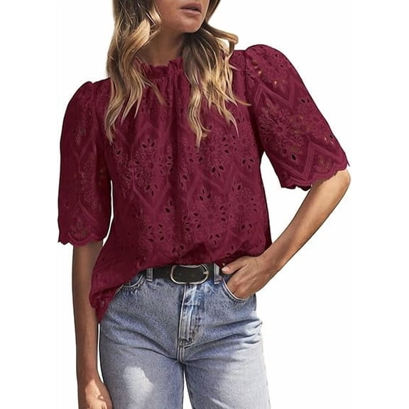 PRETTYGARDEN Summer Tops for Women Trendy Short Sleeve Eyelet Embroidered Dressy Casual Blouse Shirts