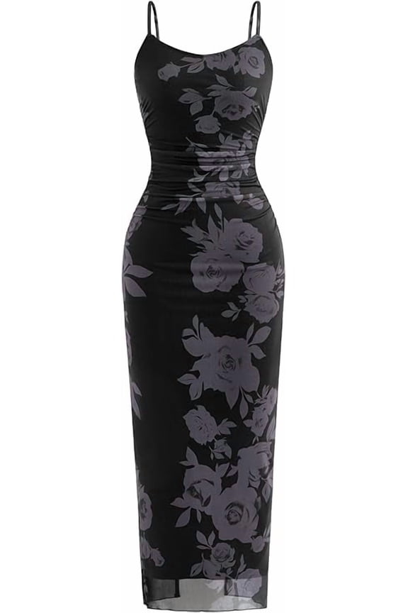 Summer Wedding Guest Dresses for Women Spaghetti Strap Mesh Bodycon Beach Vacation Floral Maxi Long Dresses