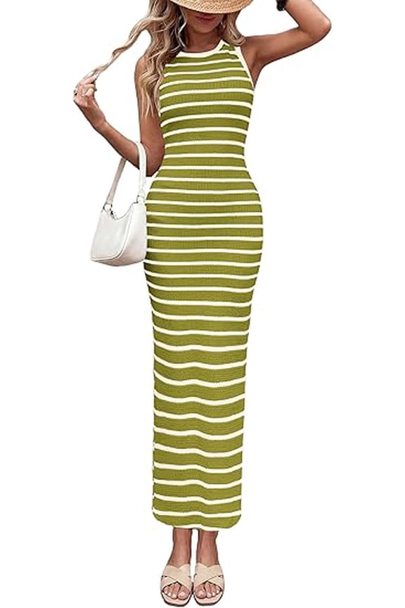 Sundresses for Women Summer Striped Knit Side Slit Spring Fashion Bodycon Maxi Dress Beach Vacation Clothes