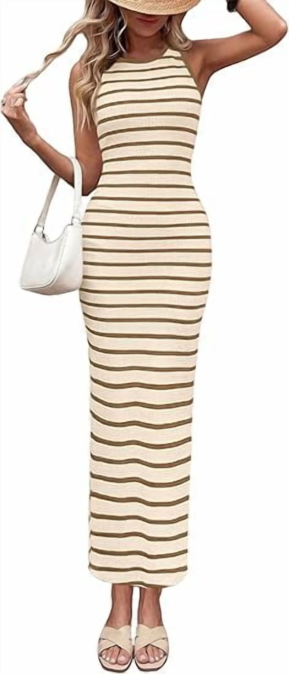 Prettygarden Sundresses for Women Summer Striped Knit Side Slit Spring Fashion Bodycon Maxi Dress Beach Vacation Clothes, Women's, Size: Large, Brown
