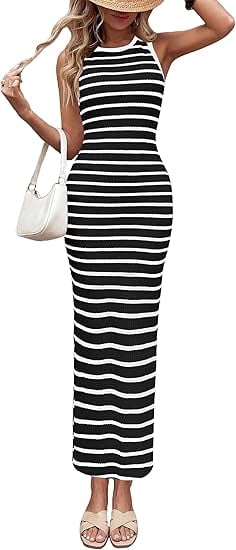 Sundresses for Women Summer Striped Knit Side Slit Spring Fashion Bodycon Maxi Dress Beach Vacation Clothes