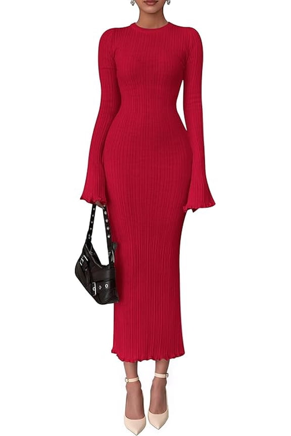 Sweater Dresses for Women Fall Bell Long Sleeve Crew Neck Bodycon Maxi Dress Winter Ribbed Knit Outfits
