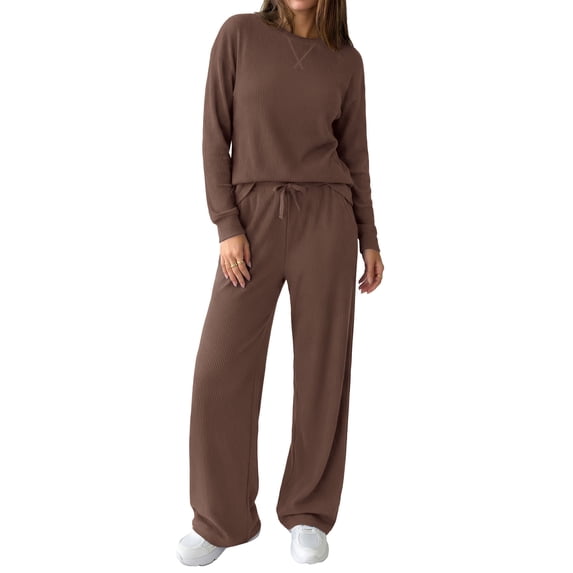 PRETTYGARDEN Sweatsuits Women 2 Piece Airport Travel Outfits | Ribbed Knit Lounge Sets, Casual Athleisure Wear, Matching Long Sleeve Shirts & Wide Leg Pants Pockets, Fall Winter Clothes