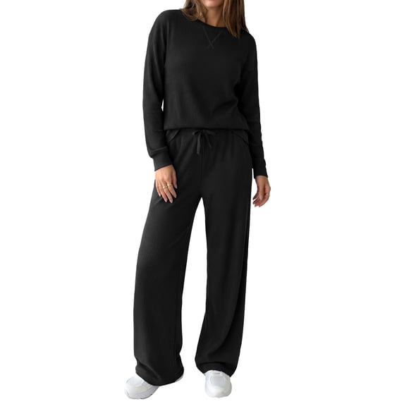 PRETTYGARDEN Sweatsuits Women 2 Piece Airport Travel Outfits | Ribbed Knit Lounge Sets, Casual Athleisure Wear, Matching Long Sleeve Shirts & Wide Leg Pants Pockets, Fall Winter Clothes