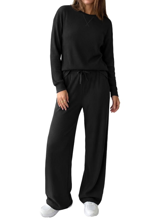 Sweatsuits Women 2 Piece Airport Travel Outfits | Ribbed Knit Lounge Sets, Casual Athleisure Wear, Matching Long Sleeve Shirts & Wide Leg Pants Pockets, Fall Winter Clothes