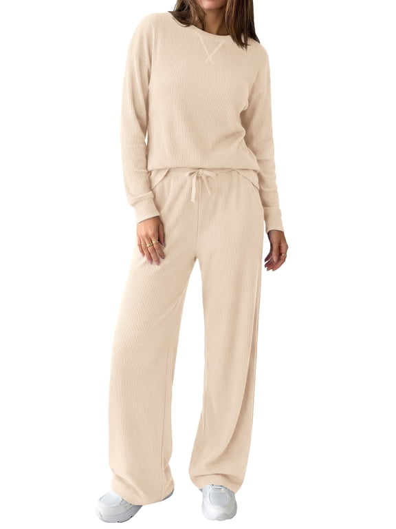 Sweatsuits Women 2 Piece Airport Travel Outfits | Ribbed Knit Lounge Sets, Casual Athleisure Wear, Matching Long Sleeve Shirts & Wide Leg Pants Pockets, Fall Winter Clothes