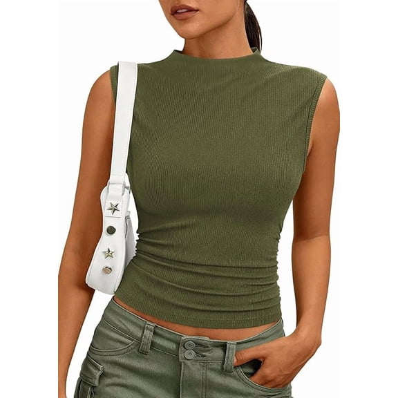 PRETTYGARDEN Tank Tops for Women Summer Mock Neck Ribbed Knit Slim Fitted Shirts Going Out Top Spring Fashion Clothes