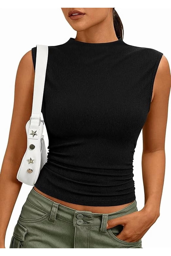 Tank Tops for Women Summer Mock Neck Ribbed Knit Slim Fitted Shirts Going Out Top Spring Fashion Clothes