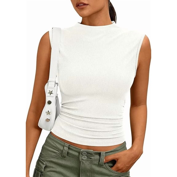 PRETTYGARDEN Tank Tops for Women Summer Mock Neck Ribbed Knit Slim Fitted Shirts Going Out Top Spring Fashion Clothes