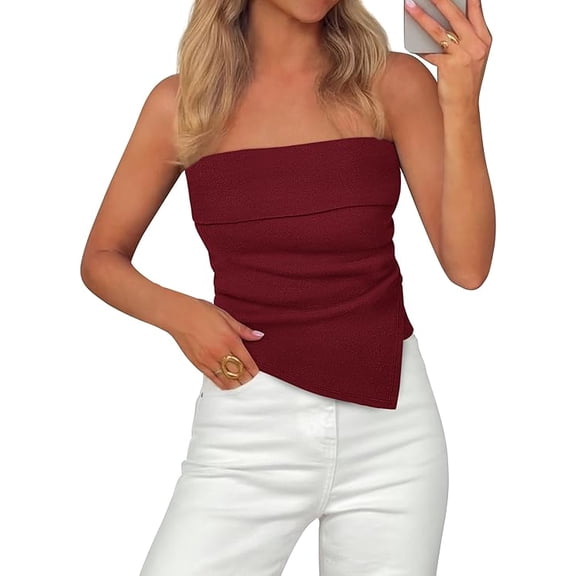 PRETTYGARDEN Tube Tops for Women Summer Strapless Asymmetrical Ruched Bandeau Shirts Trendy Spring Going Out Outfits