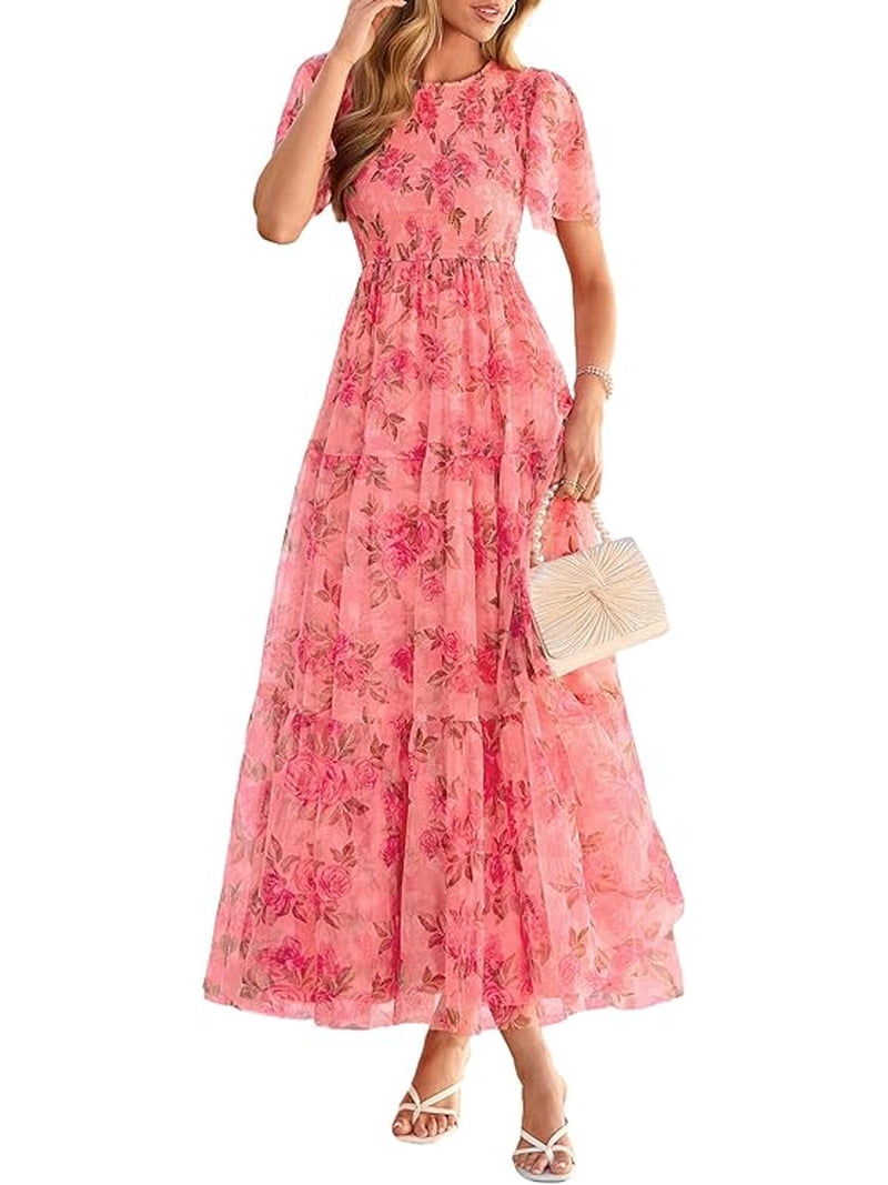 formal summer garden party dress Prettygarden Tulle Floral Women Wedding Guest Spring Short Sleeve Maxi Smocked Flowy Beach Dresses, Women's, Size: Large, Pink newpicJUN26
