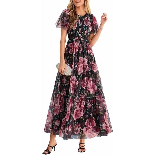 PRETTYGARDEN Tulle Floral Dress Women Summer Wedding Guest Spring Short Sleeve Maxi Smocked Flowy Beach Party Dresses
