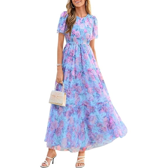 PRETTYGARDEN Tulle Floral Dress Women Summer Wedding Guest Spring Short Sleeve Maxi Smocked Flowy Beach Party Dresses