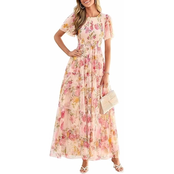 PRETTYGARDEN Tulle Floral Dress Women Summer Wedding Guest Spring Short Sleeve Maxi Smocked Flowy Beach Party Dresses