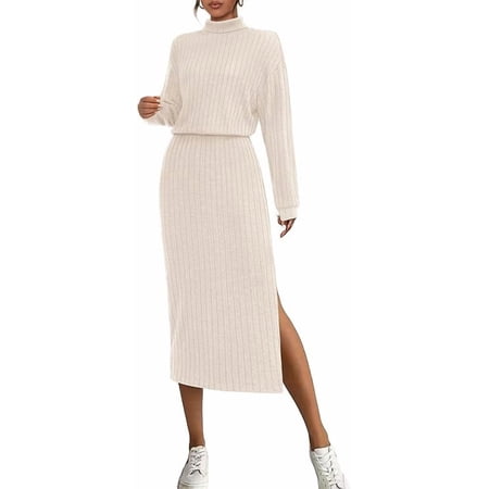PRETTYGARDEN Turtle Neck Dresses for Women Fall Knit Outfits Slit Elastic Waist Long Sleeve Bodycon Midi Sweater Dress