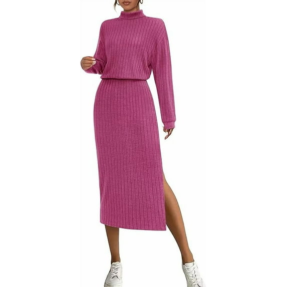 PRETTYGARDEN Turtle Neck Dresses for Women Fall Knit Outfits Slit Elastic Waist Long Sleeve Bodycon Midi Sweater Dress