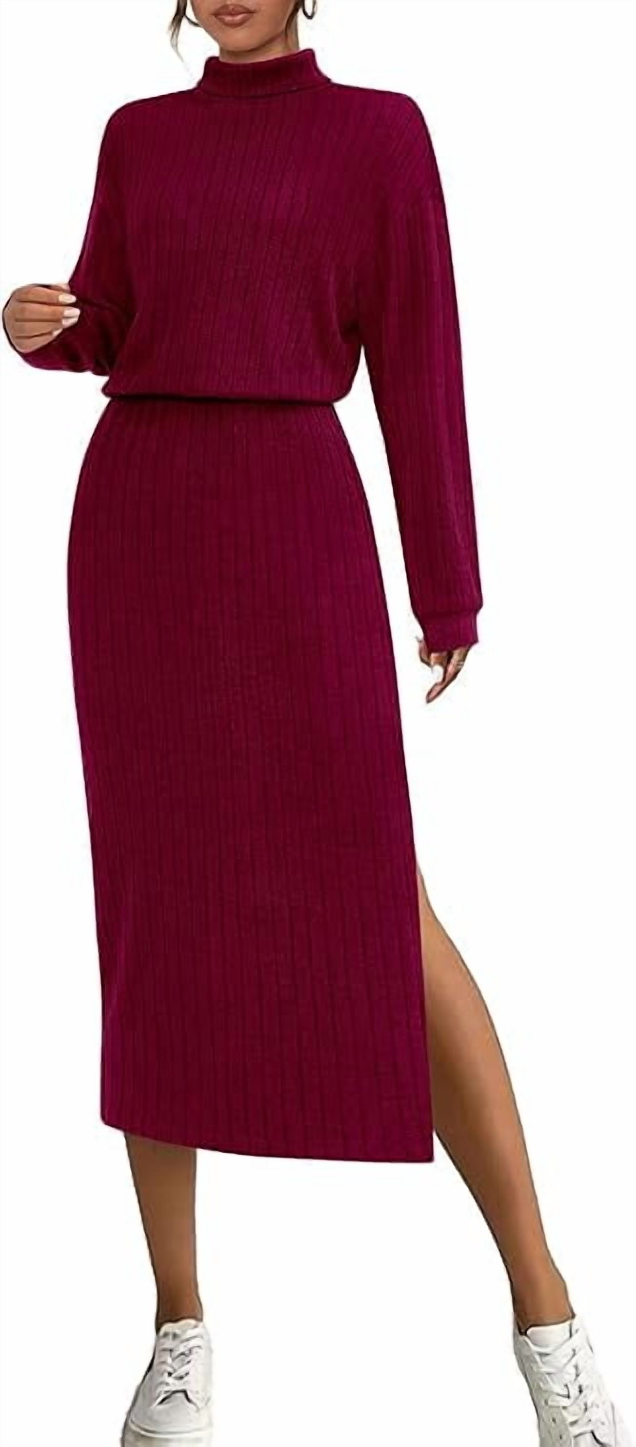 PRETTYGARDEN Turtle Neck Dresses for Women Fall Knit Outfits Slit ...