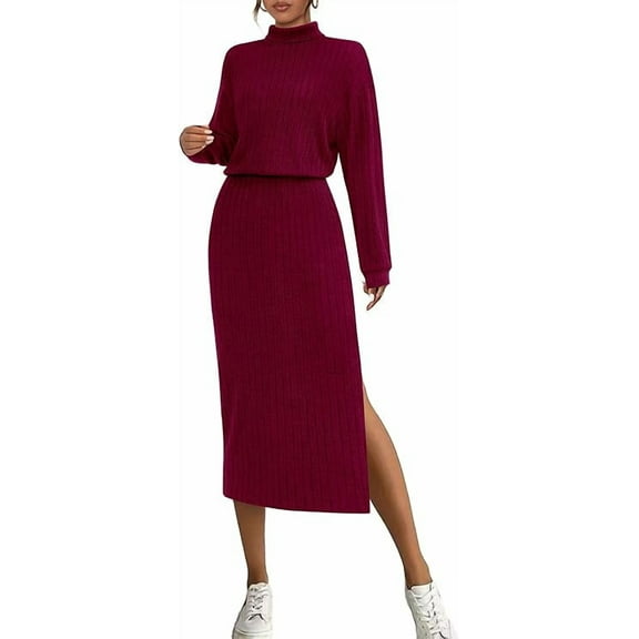 PRETTYGARDEN Turtle Neck Dresses for Women Fall Knit Outfits Slit Elastic Waist Long Sleeve Bodycon Midi Sweater Dress