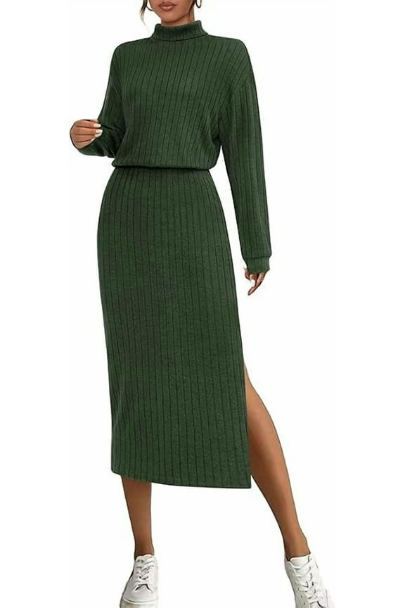 Turtle Neck Dresses for Women Fall Knit Outfits Slit Elastic Waist Long Sleeve Bodycon Midi Sweater Dress
