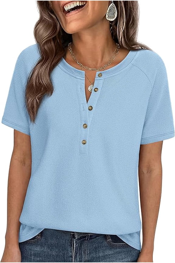 Waffle Knit Tops for Women Short Sleeve Henley Shirts Summer Blouses Dressy Casual Spring Fashion Clothes