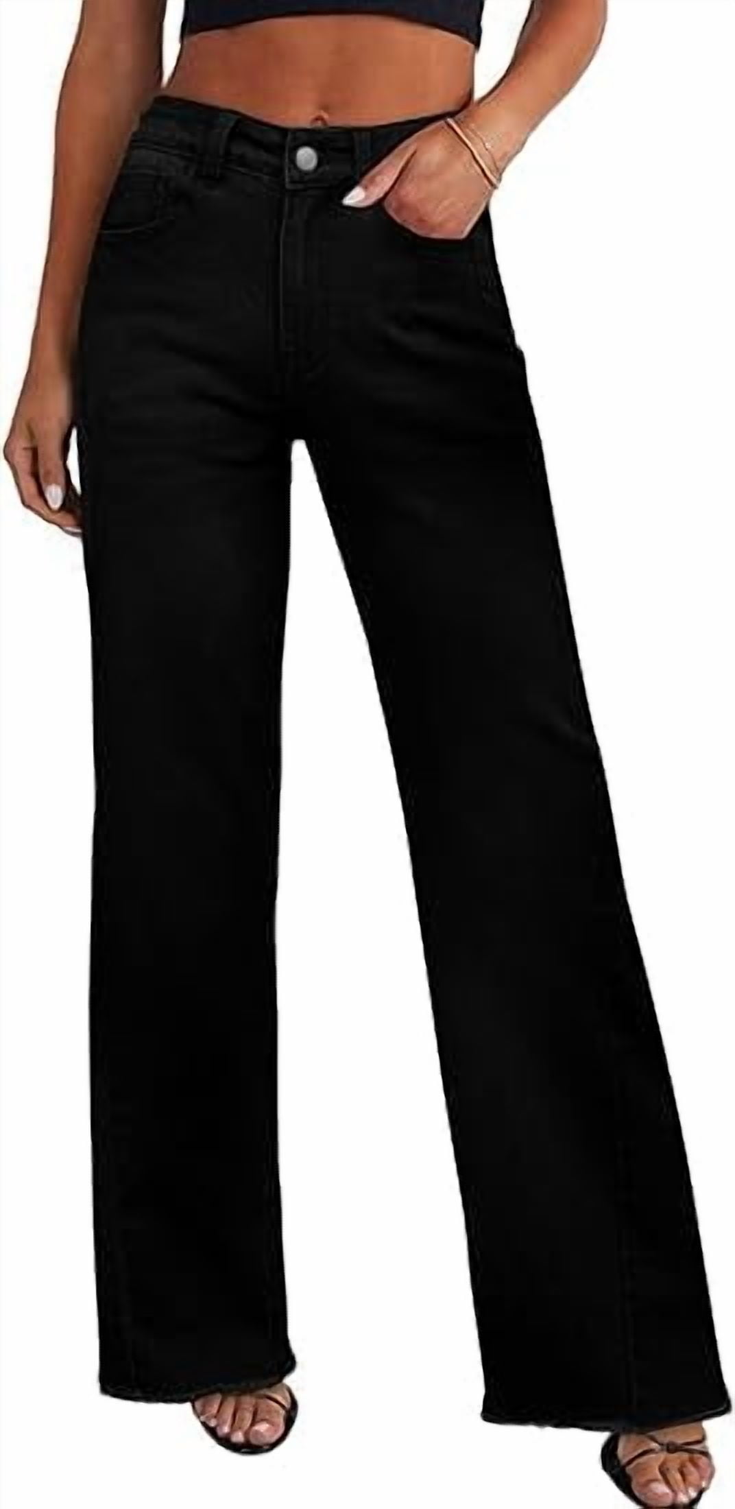 PRETTYGARDEN Wide Leg Jeans for Women Trendy High Waisted Stretchy Baggy Raw Hem Denim Palazzo Pants with Pockets