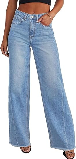 PRETTYGARDEN Wide Leg Jeans for Women Trendy High Waisted Stretchy Baggy Raw Hem Denim Palazzo Pants with Pockets