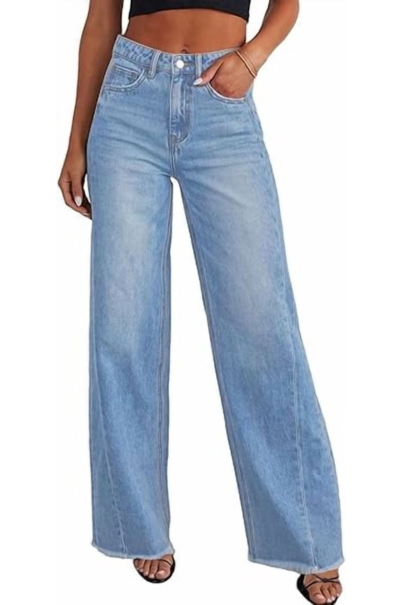 Wide Leg Jeans for Women Trendy High Waisted Stretchy Baggy Raw Hem Denim Palazzo Pants with Pockets