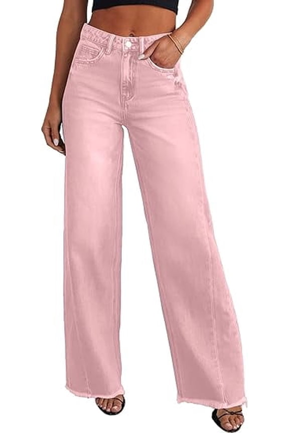 Wide Leg Jeans for Women Trendy High Waisted Stretchy Baggy Raw Hem Denim Palazzo Pants with Pockets