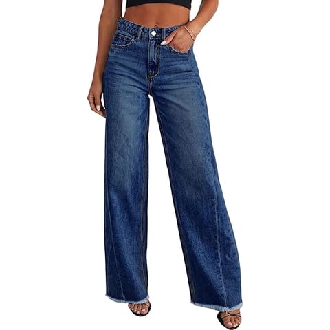 Wide Leg Jeans for Women Trendy High Waisted Stretchy Baggy Raw Hem Denim Palazzo Pants with Pockets
