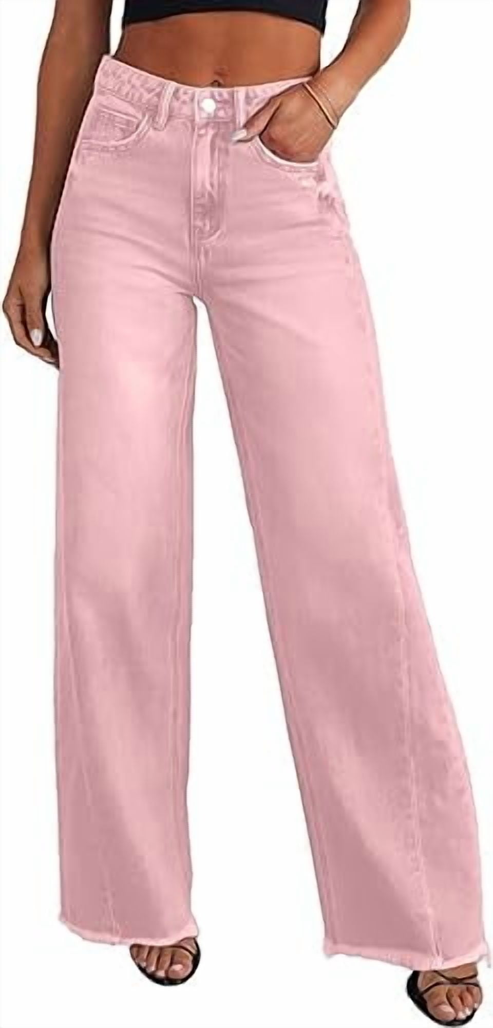 PRETTYGARDEN Wide Leg Jeans for Women Trendy High Waisted Stretchy Baggy Raw Hem Denim Palazzo Pants with Pockets
