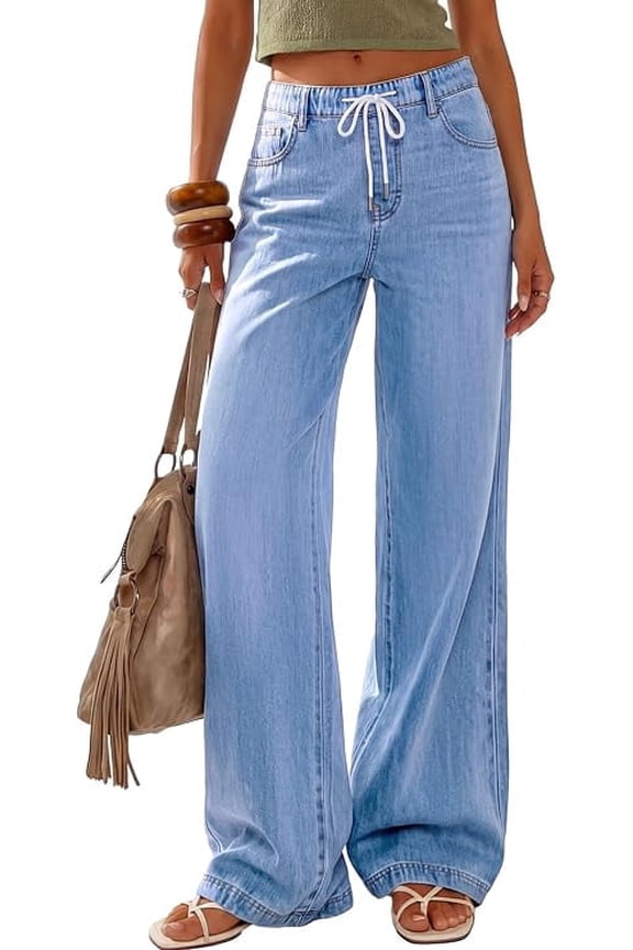 Womens Wide Leg Jeans High Waisted Stretchy Baggy Straight Leg Drawstring Trendy Denim Pants Summer