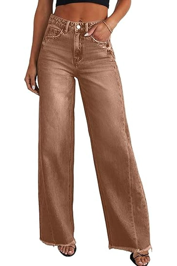 Wide Leg Jeans for Women Trendy High Waisted Stretchy Baggy Raw Hem Denim Palazzo Pants with Pockets